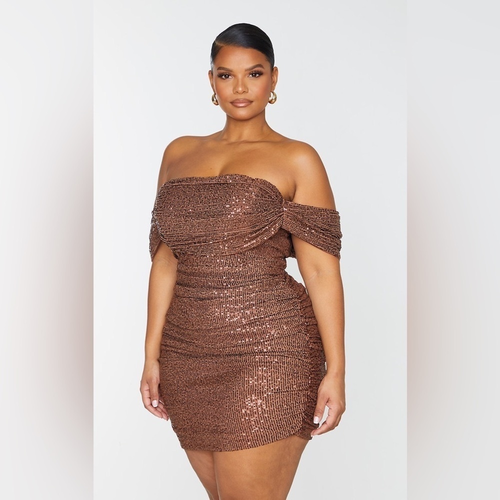 NWT PRETTY LITTLE THING PLUS CHOCOLATE SEQUIN BARDOT BODYCON DRESS - Picture 9 of 9